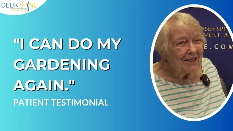 Elderly woman smiling next to text saying, "I can do my gardening again," as a patient testimonial.