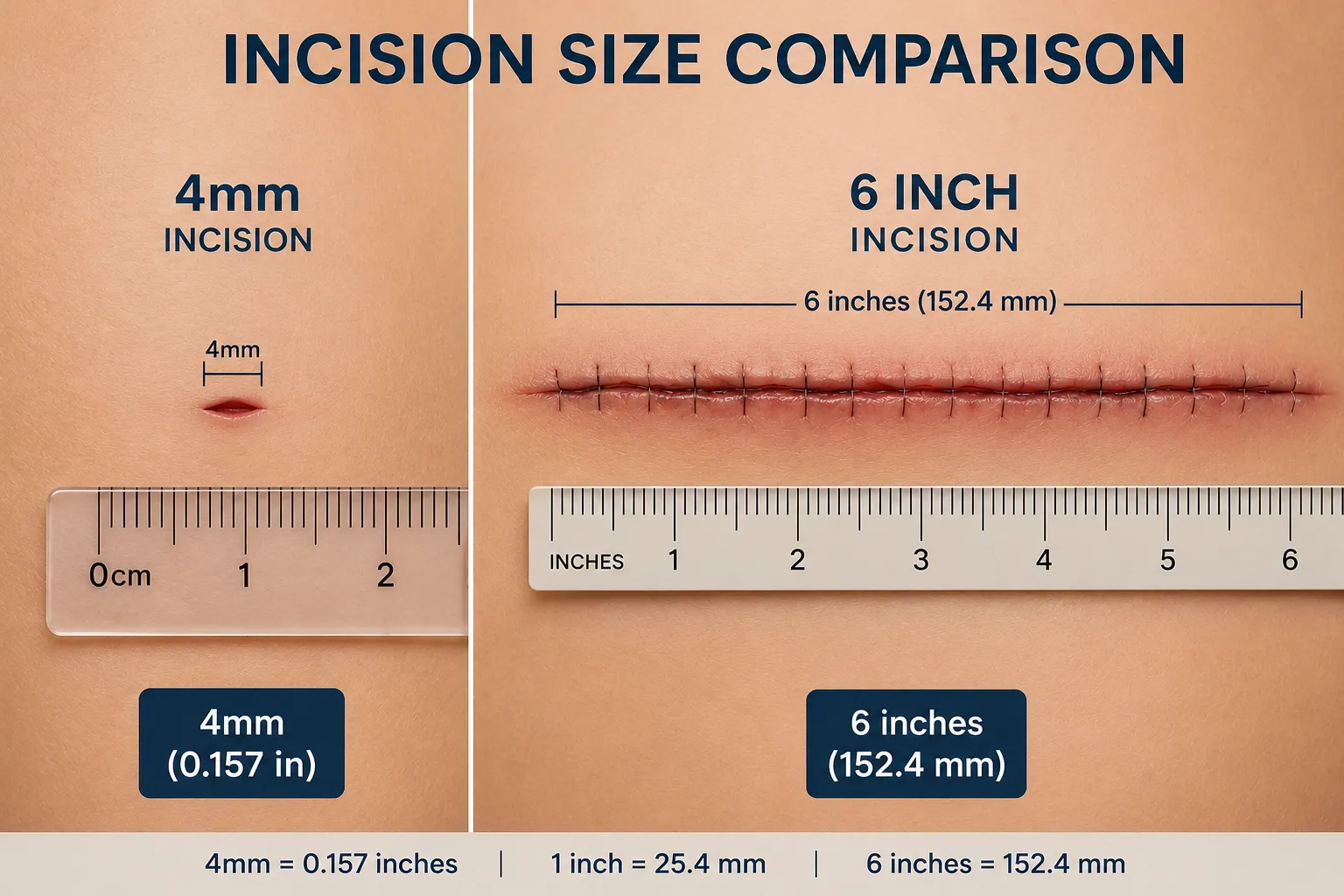 Incision size comparison — a 4mm Deuk Plasma Rhizotomy incision next to a 6-inch joint-replacement incision, shown to scale with rulers