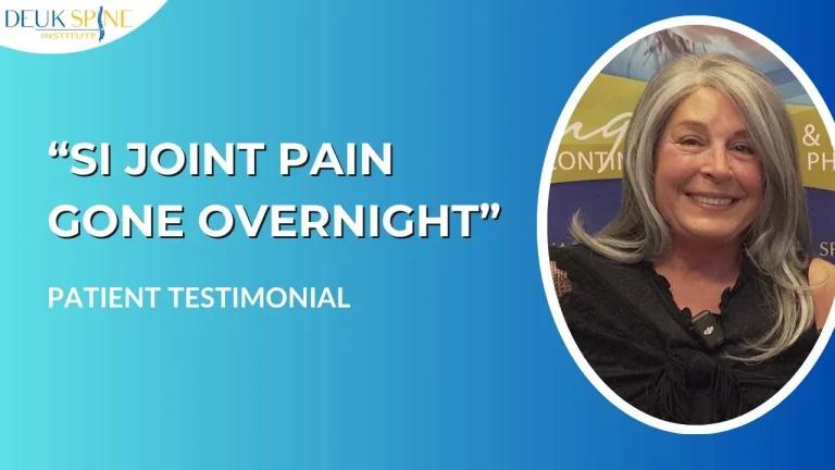 Smiling woman next to text: "SI joint pain gone overnight" and "Patient testimonial" with Deuk Spine Institute logo.