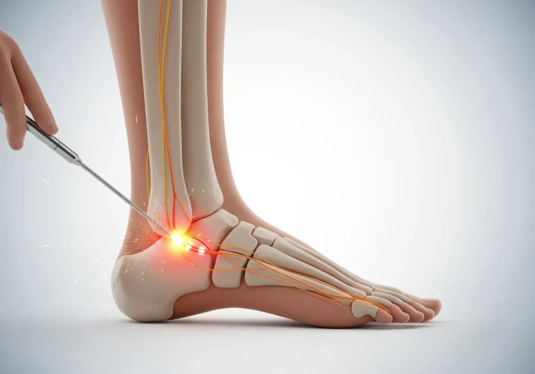 Deuk Plasma Rhizotomy treating the ankle joint — 3D animation still of the plasma wand targeting the articular pain nerves