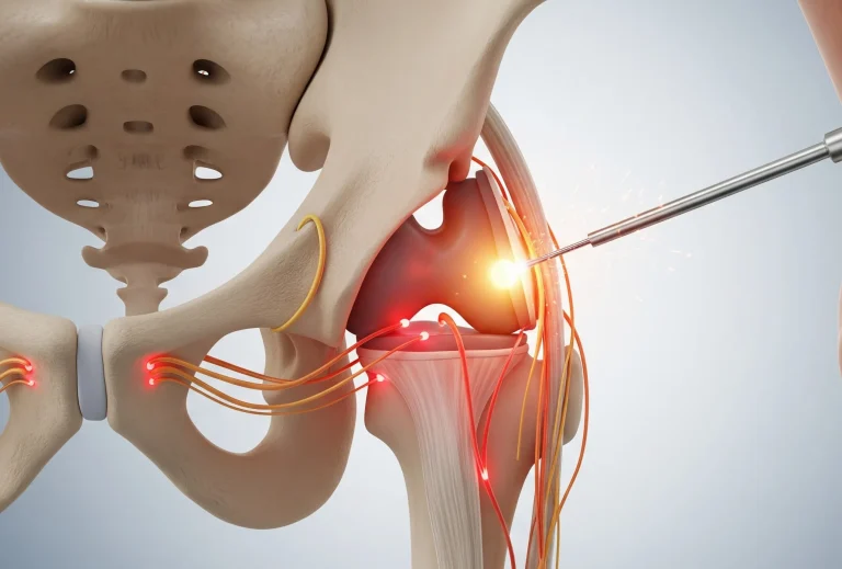Deuk Plasma Rhizotomy treating the hip joint — 3D animation still of the plasma wand targeting the articular pain nerves