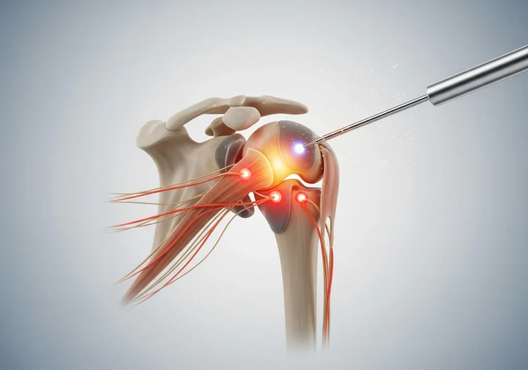 Deuk Plasma Rhizotomy treating the shoulder joint — 3D animation still of the plasma wand targeting the rotator-cuff pain nerves