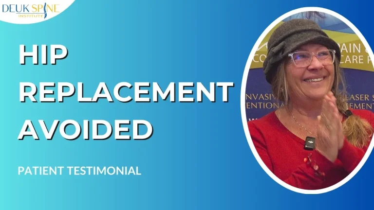 Woman smiling beside text "HIP REPLACEMENT AVOIDED, PATIENT TESTIMONIAL" with Deuk logo