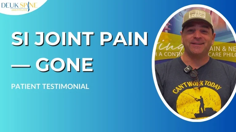 Text reads "SI Joint Pain — Gone: Patient Testimonial" with a smiling man on the right.